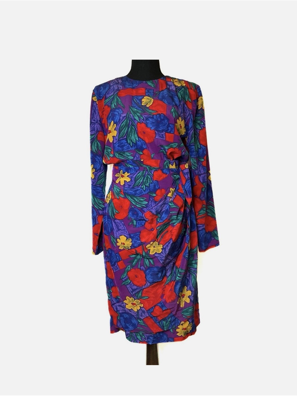 Vintage Liz Claiborne Purple Floral Long-Sleeve Midi Wrap Dress